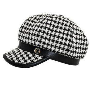 Black and White Houndstooth Baker Boy Hat Cap with Faux Leather Brim